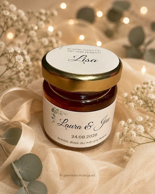 Hochzeitshonig personalisiertes Honigglas. Thema Hochzeit von Laura und Jan